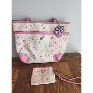 Coach Signature Chelsea Pink Trim Handbag W/Matching Zip Wristlet Wallet 16874